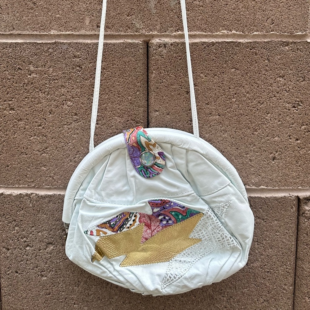 1980's Vintage White Genuine Leather Patchwork Shoulder Purse - Medium Size